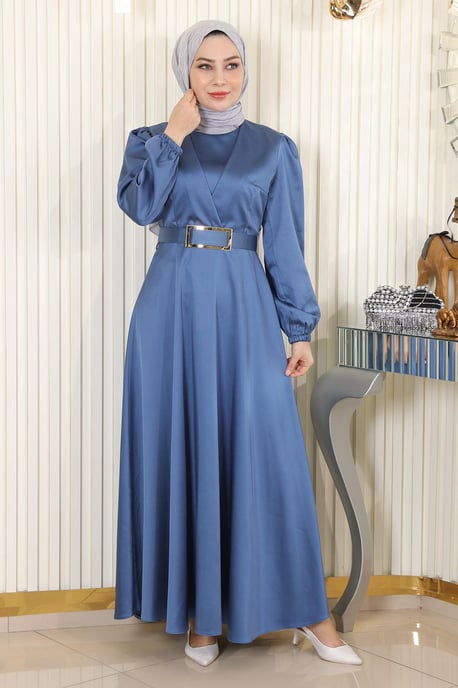 Mit Gürtel Satin Abendkleid Blau - Image 2