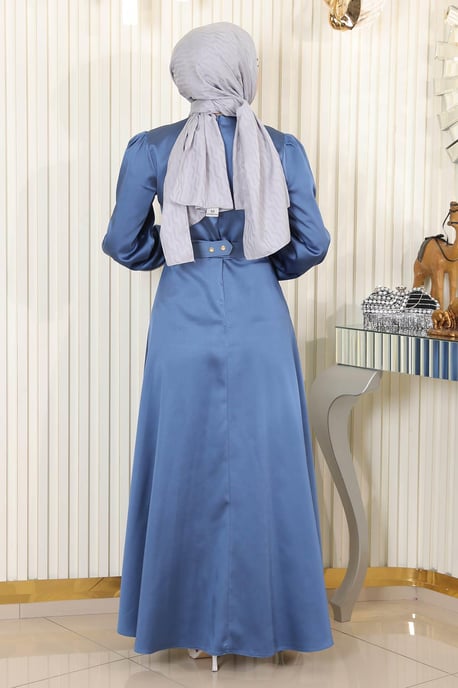 Mit Gürtel Satin Abendkleid Blau - Image 3