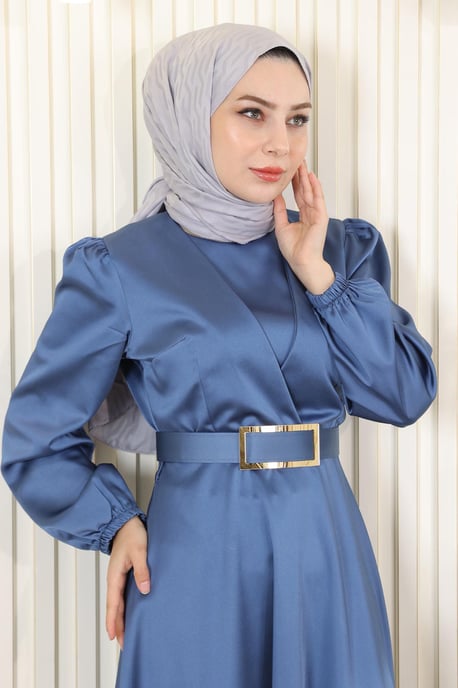 Mit Gürtel Satin Abendkleid Blau - Image 4