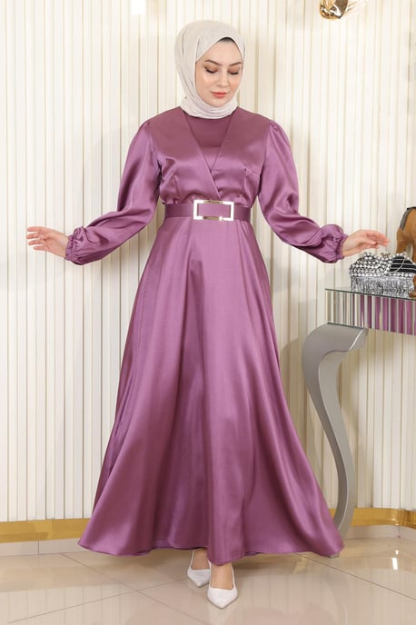 Mit Gürtel Satin Abendkleid Altrosa - Image 2