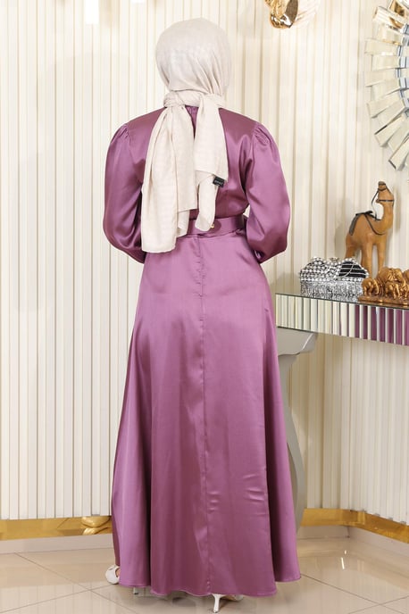 Mit Gürtel Satin Abendkleid Altrosa - Image 3