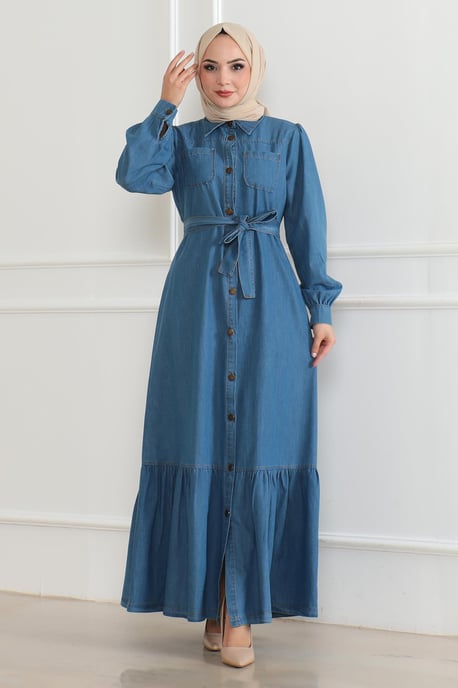 Rüschen Detailed Denim Kleid Hellblau - Image 1