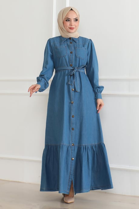 Rüschen Detailed Denim Kleid Hellblau - Image 2
