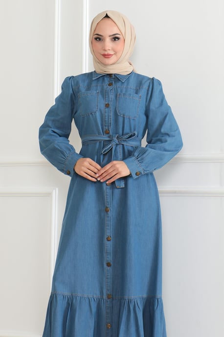 Rüschen Detailed Denim Kleid Hellblau - Image 4