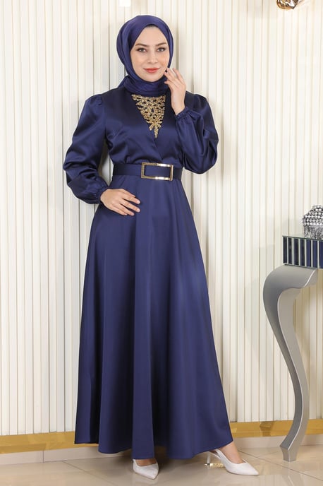 Stein Detailed Satin Abendkleid Indigo - Image 2