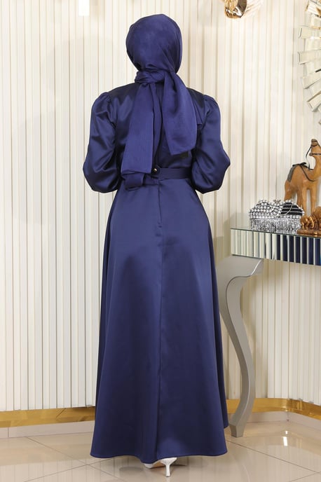 Stein Detailed Satin Abendkleid Indigo - Image 3