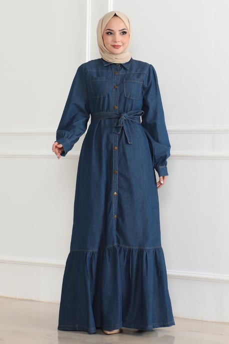Rüschen Detailed Denim Kleid Dunkelblau - Image 2
