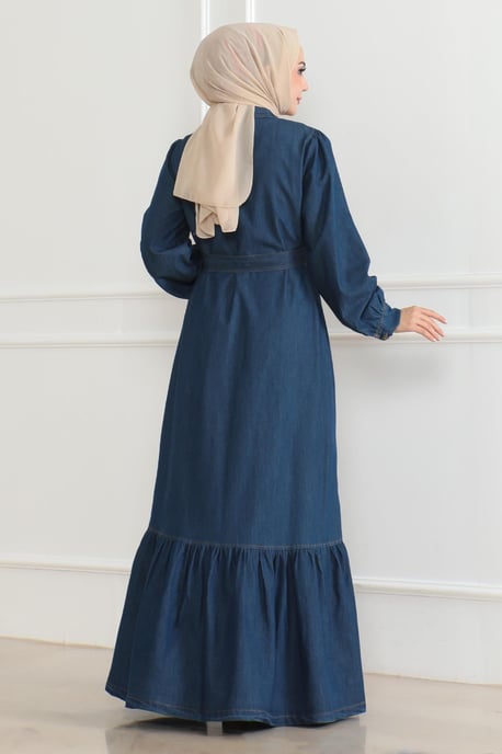 Rüschen Detailed Denim Kleid Dunkelblau - Image 3