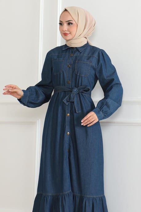 Rüschen Detailed Denim Kleid Dunkelblau - Image 4