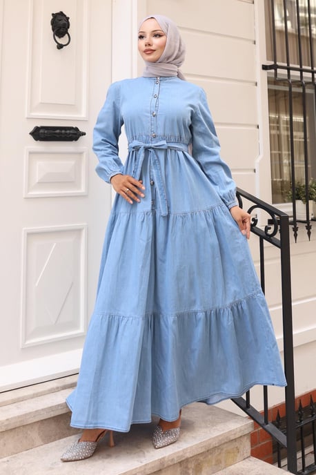 Geknöpft Layered Denim Kleid Hellblau - Image 2