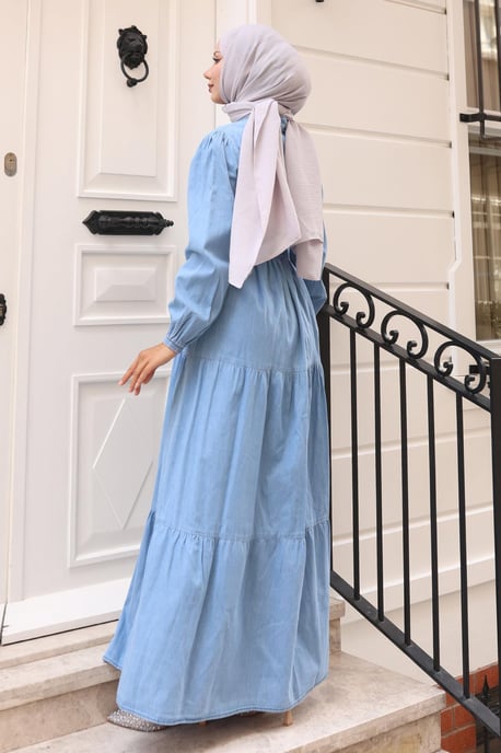 Geknöpft Layered Denim Kleid Hellblau - Image 3