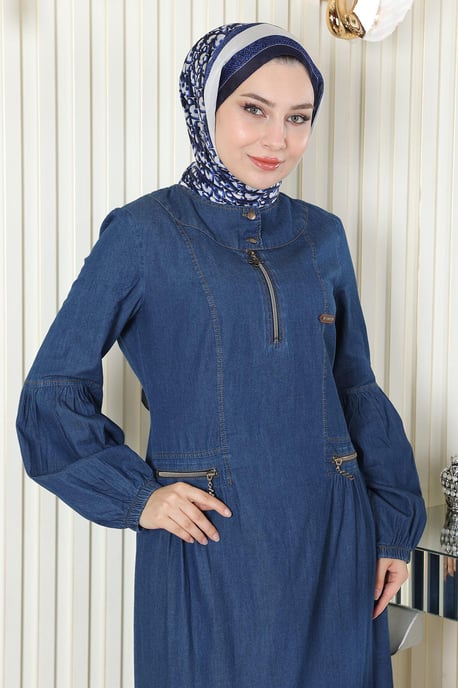 Reißverschluss Detailed Denim Kleid Dunkelblau - Image 4
