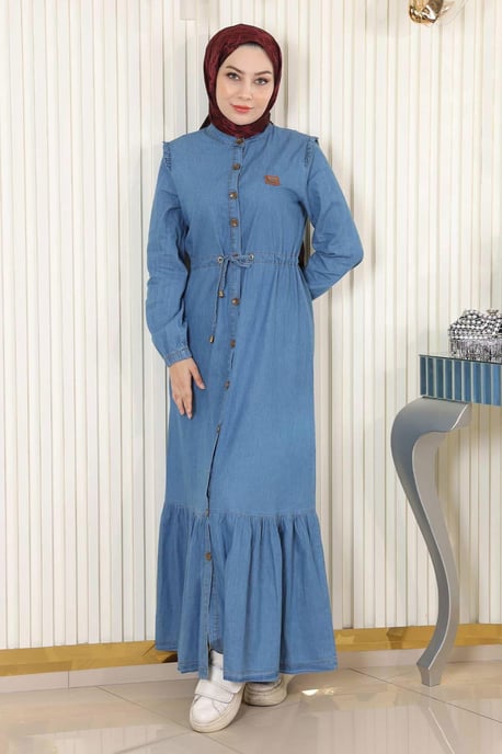 Taillenschnürung Geknöpft Denim Kleid Hellblau - Image 1