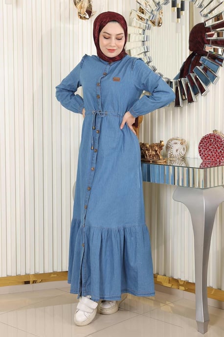 Taillenschnürung Geknöpft Denim Kleid Hellblau - Image 2