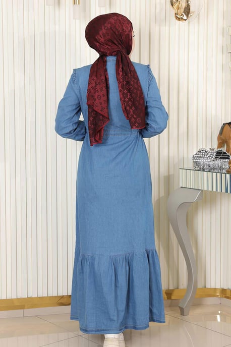Taillenschnürung Geknöpft Denim Kleid Hellblau - Image 3