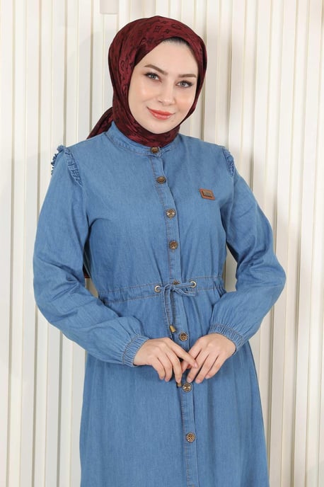 Taillenschnürung Geknöpft Denim Kleid Hellblau - Image 4