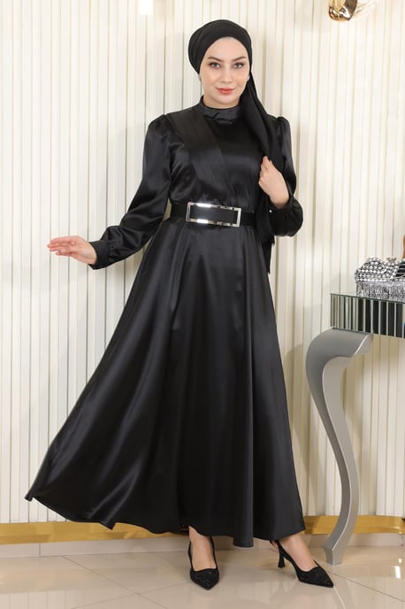 Drapiert Satin Abendkleid Schwarz - Image 2