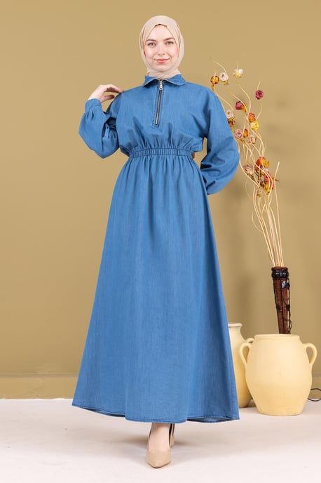 Mit Reißverschluss Elastischer Bund Denim Kleid Hellblau - Image 2