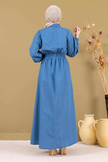 Mit Reißverschluss Elastischer Bund Denim Kleid Hellblau - Image 3