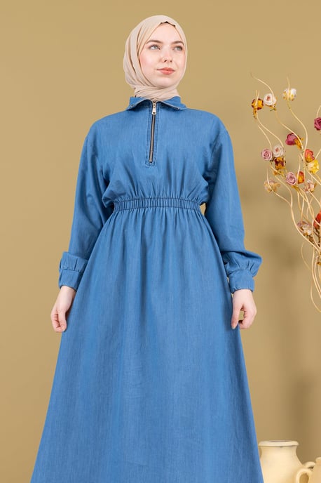 Mit Reißverschluss Elastischer Bund Denim Kleid Hellblau - Image 4