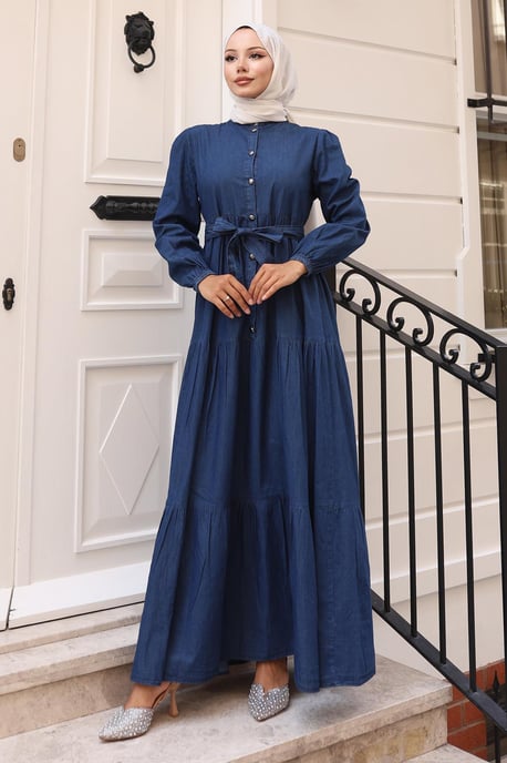 Geknöpft Layered Denim Kleid Dunkelblau - Image 2