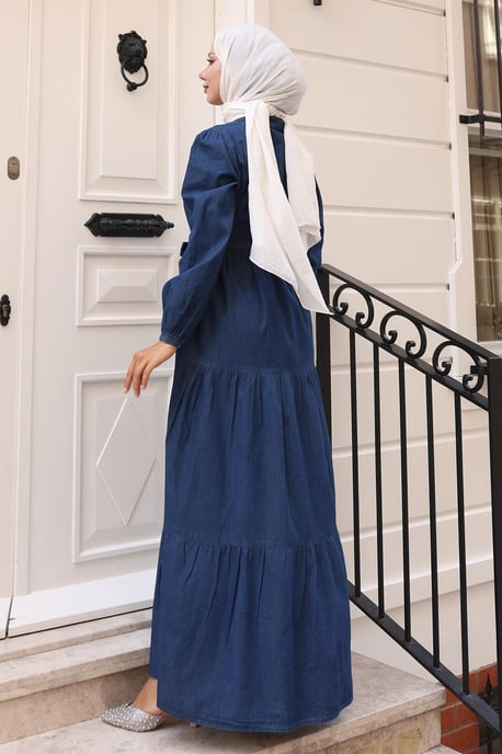 Geknöpft Layered Denim Kleid Dunkelblau - Image 3