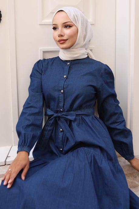 Geknöpft Layered Denim Kleid Dunkelblau - Image 4