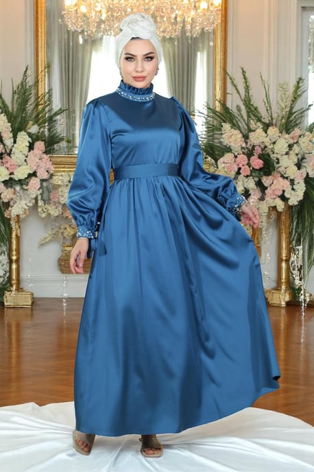 Perlen Satin Abendkleid Indigo - Image 2
