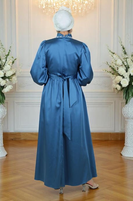 Perlen Satin Abendkleid Indigo - Image 3