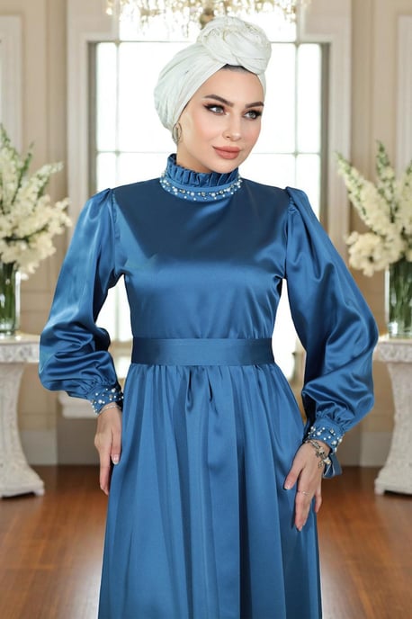 Perlen Satin Abendkleid Indigo - Image 4