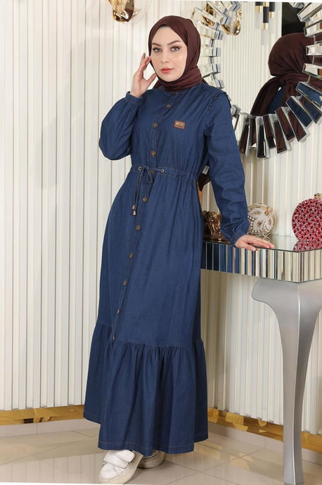 Gebundene Taille Geknöpft Denim Kleid Dunkelblau - Image 1