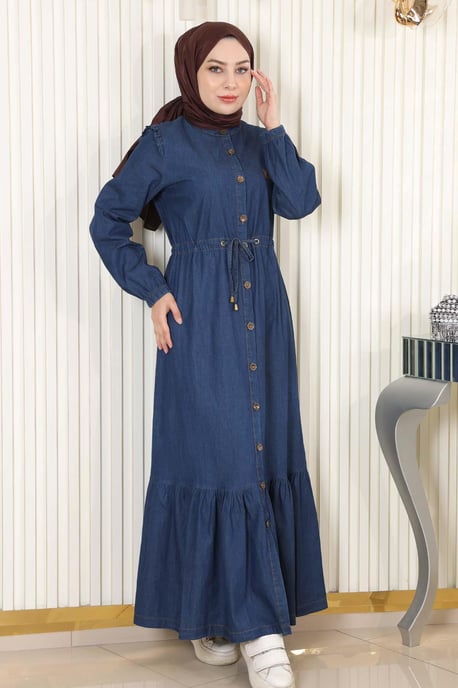 Gebundene Taille Geknöpft Denim Kleid Dunkelblau - Image 2