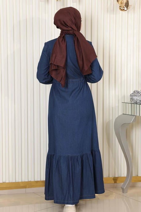 Gebundene Taille Geknöpft Denim Kleid Dunkelblau - Image 3