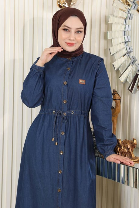 Gebundene Taille Geknöpft Denim Kleid Dunkelblau - Image 4