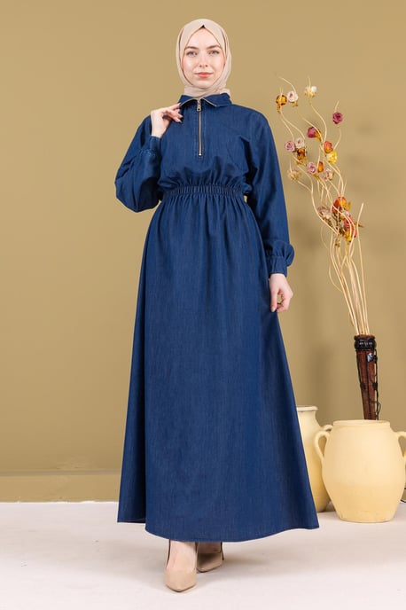 Mit Reißverschluss Elastischer Bund Denim Kleid Dunkelblau - Image 2
