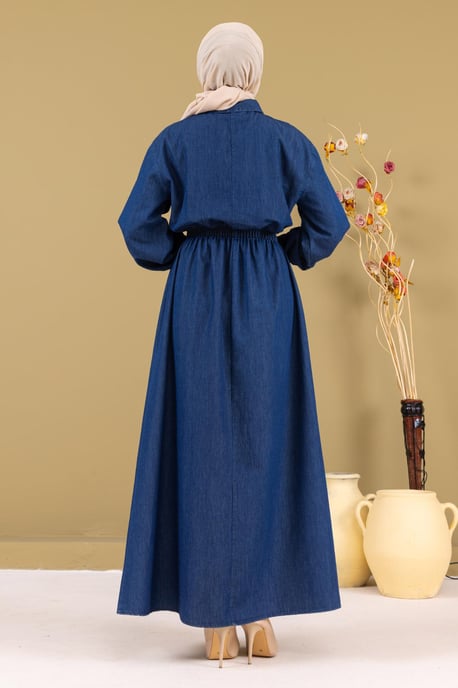 Mit Reißverschluss Elastischer Bund Denim Kleid Dunkelblau - Image 3