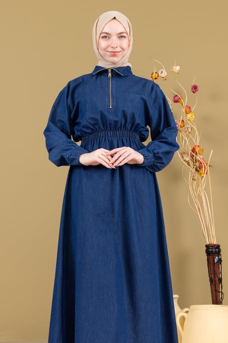 Mit Reißverschluss Elastischer Bund Denim Kleid Dunkelblau - Image 4
