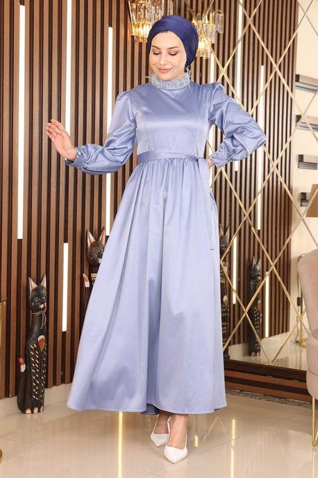 Feder Detailed Satin Abendkleid Blau - Image 2