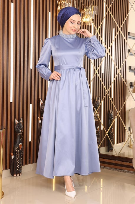 Feder Detailed Satin Abendkleid Blau - Image 3