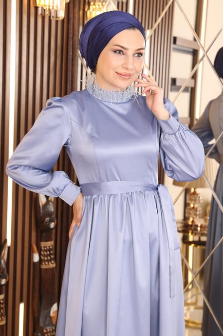 Feder Detailed Satin Abendkleid Blau - Image 4