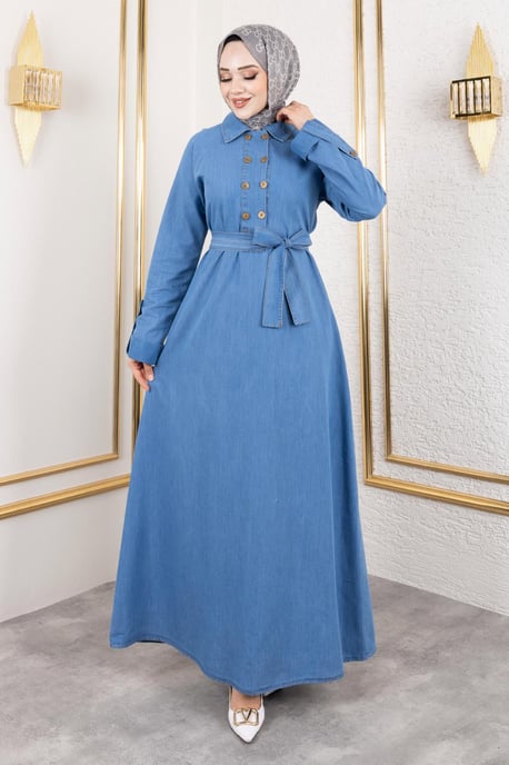 Knopf Detailed Denim Kleid Hellblau - Image 1