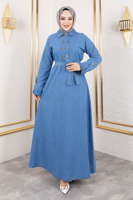 Knopf Detailed Denim Kleid Hellblau - Image 2