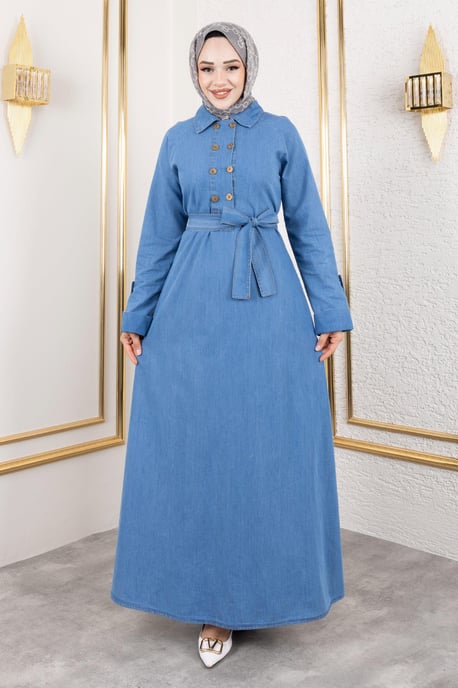 Knopf Detailed Denim Kleid Hellblau - Image 3