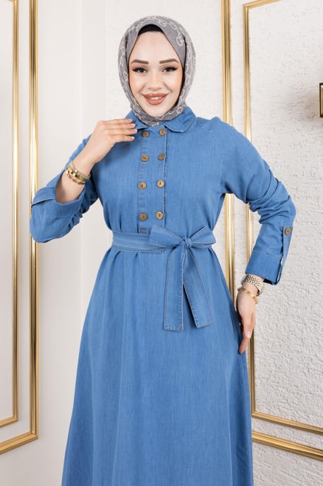 Knopf Detailed Denim Kleid Hellblau - Image 4