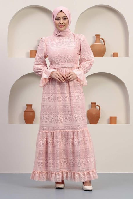 Perlen Detailed Spitzen Abendkleid Puder - Image 2