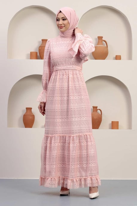 Perlen Detailed Spitzen Abendkleid Puder - Image 3