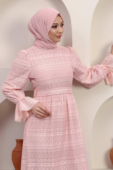 Perlen Detailed Spitzen Abendkleid Puder - Image 4