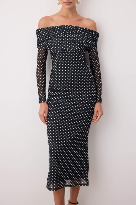 Schwarzes, gepunktetes, langes, schickes/nachtsfarbenes Fischkleid für Damen - Image 2