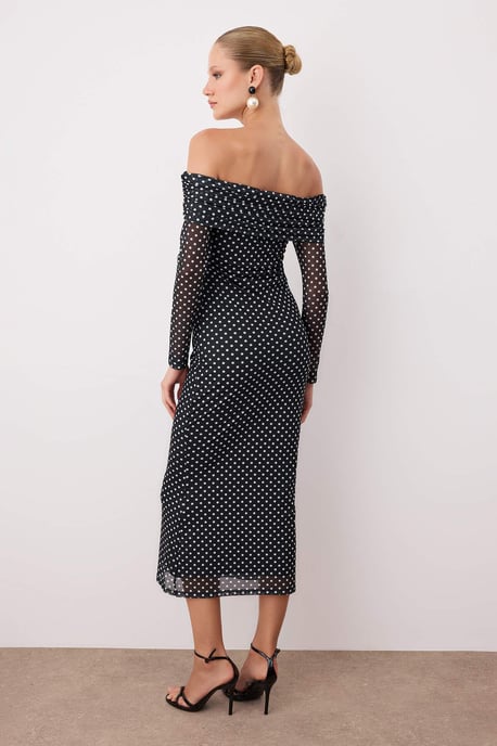 Schwarzes, gepunktetes, langes, schickes/nachtsfarbenes Fischkleid für Damen - Image 3