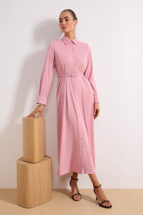 Rosa, flaches, langes, lässiges/alltagstaugliches A-Linien-Hijab-Kleid für Damen - Image 1